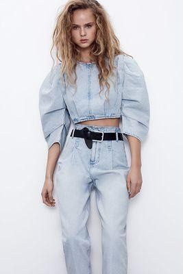 Zara denim top deals with puff sleeves