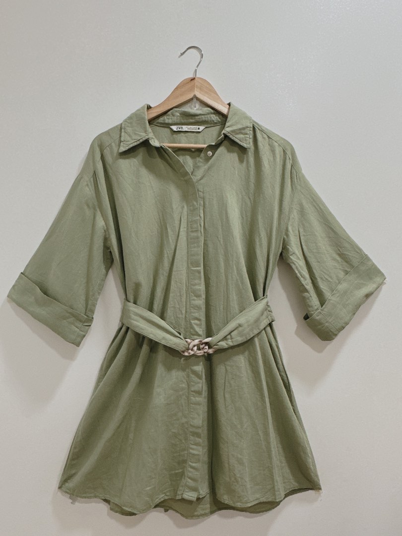 ZARA Sage Green Linen Dress, Women's Fashion, Dresses & Sets, Dresses