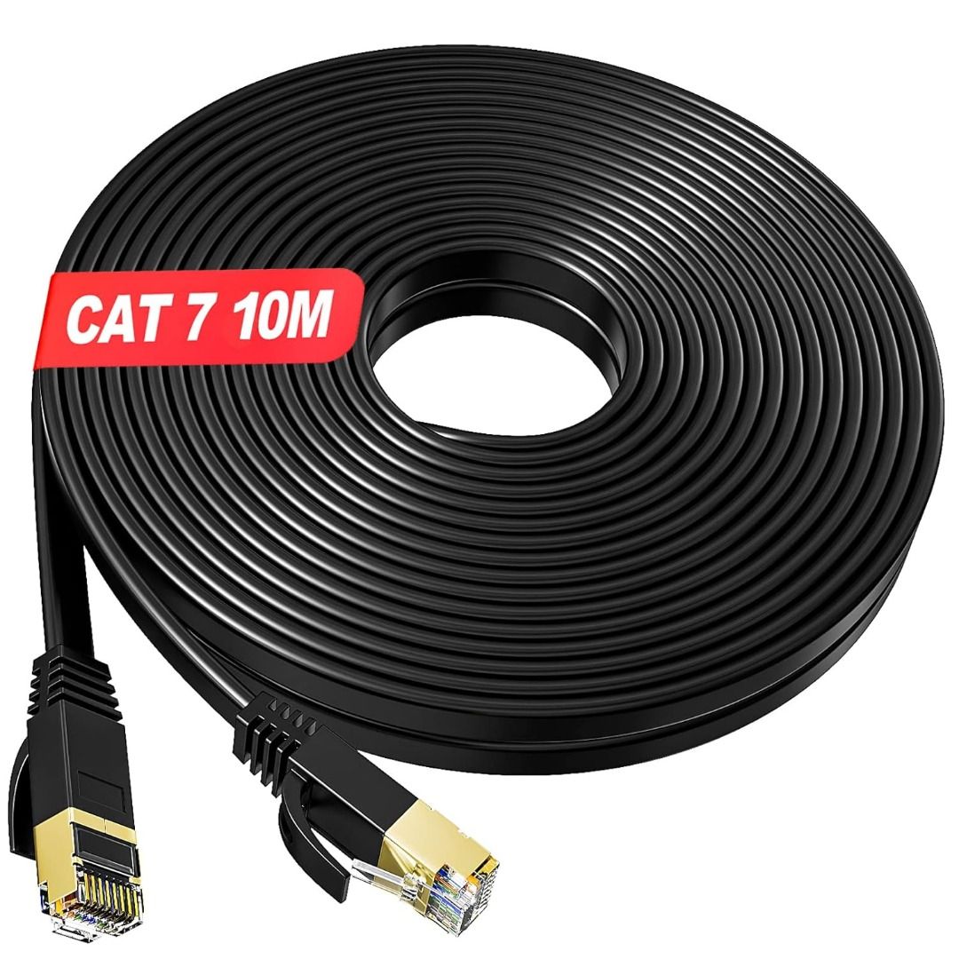 10m Ethernet Cable Cat 7 Flat Shielded Internet Cable 600MHZ Gigabit High Speed Network Cable 10 Meters RJ45 LAN Cable 10m Black Compatible with
