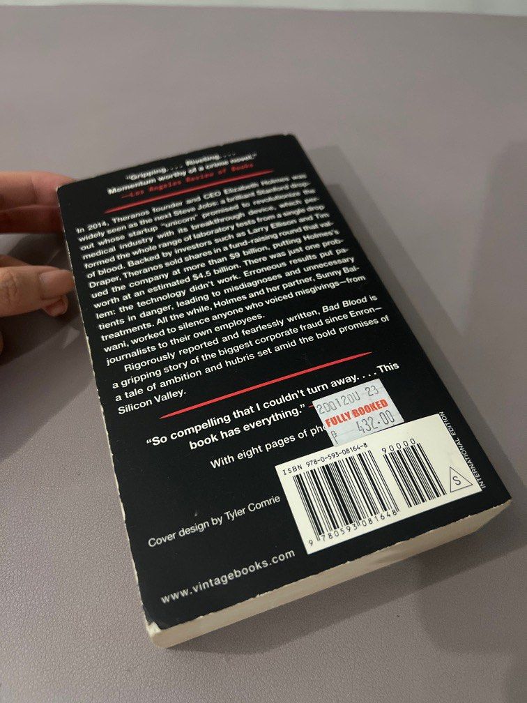 Bad blood by John Carreyrou (paperback) (Category: Storybooks) located in Makati City. Submitted by inthemoodforstuff (Listing ID 1260631839, Image 3). Description: RFS: decluttering -note that this might have some highlighted text inside • Shipping via courier pick up in makati only. Grab or lalamove -Payment via Gcash only💕.