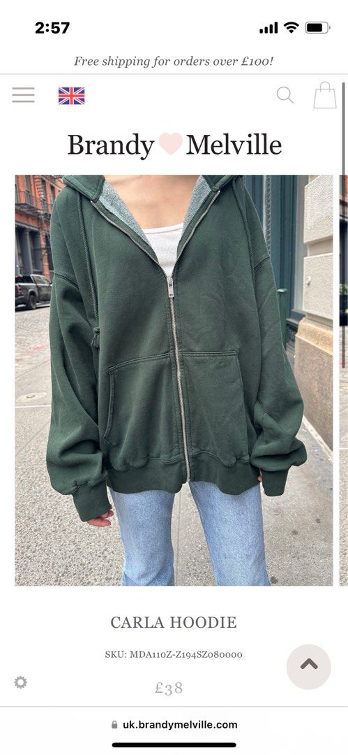 brandy melville green carla hoodie, Women's Fashion, Coats