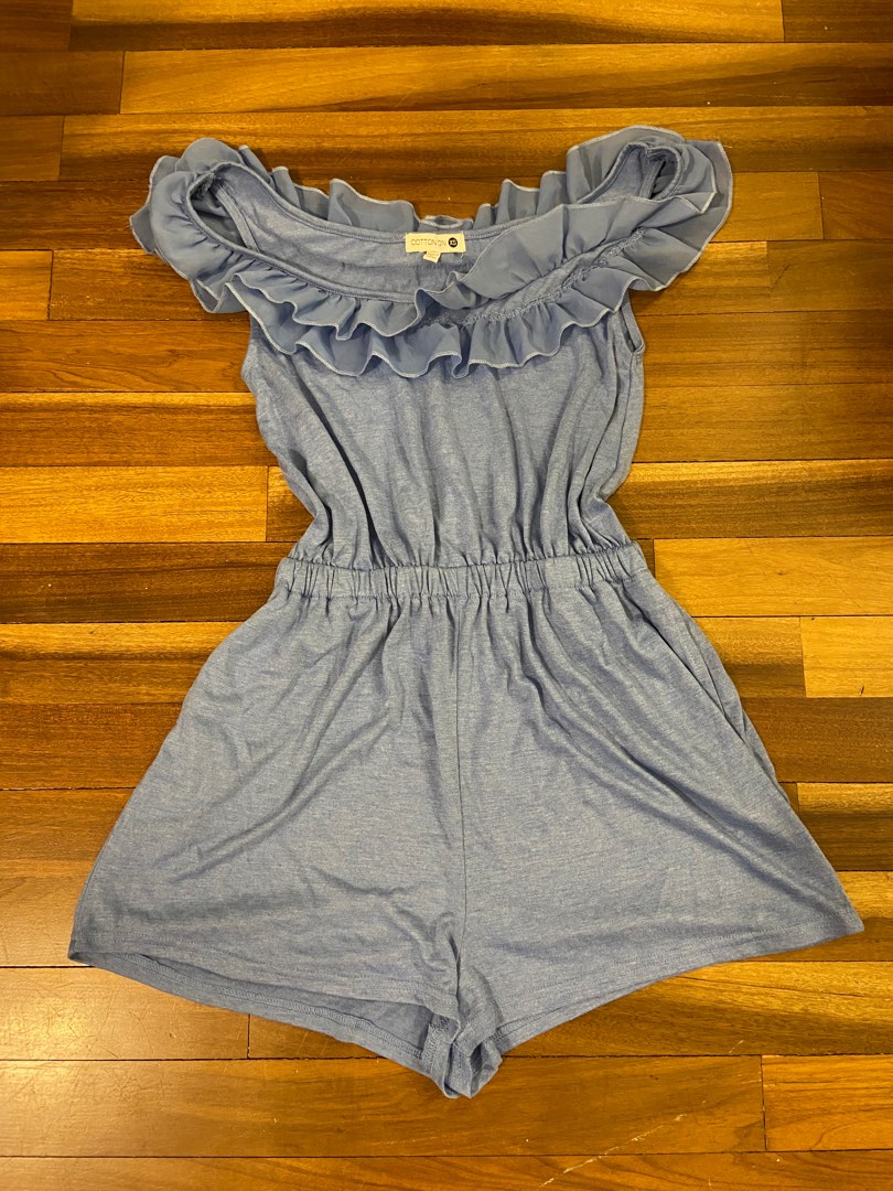 Blue and white striped discount romper off the shoulder