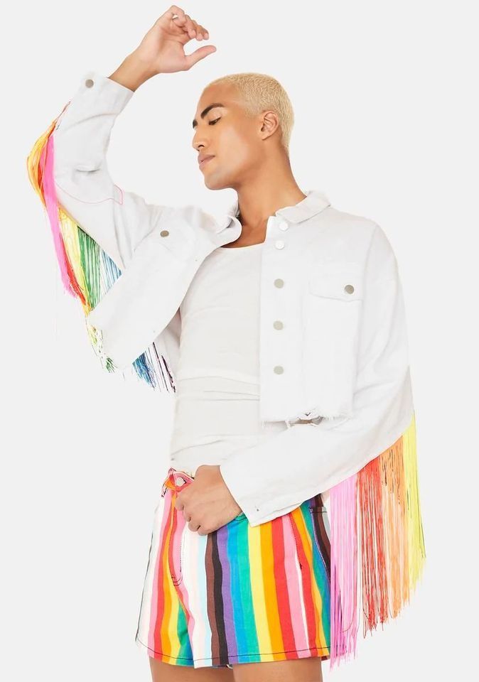 Dolls Kill Club Exx Rainbow Fringe White Denim Crop Jacket Size