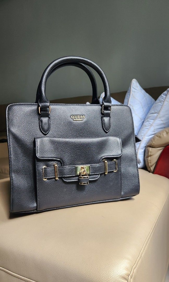 Guess Shoulder Bag Crista Black Faux Leather Pad Lock PVC Tote