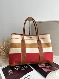 hermes garden party 30 tote bag (stamp a) red leather & canvas silver  hardware, with dust cover