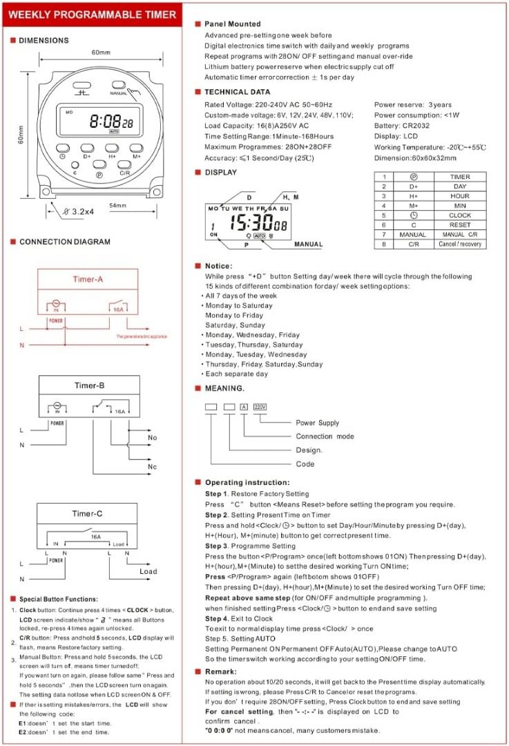 Heschen Digital LCD Power Weekly Programmable Timer Relay Switch ...
