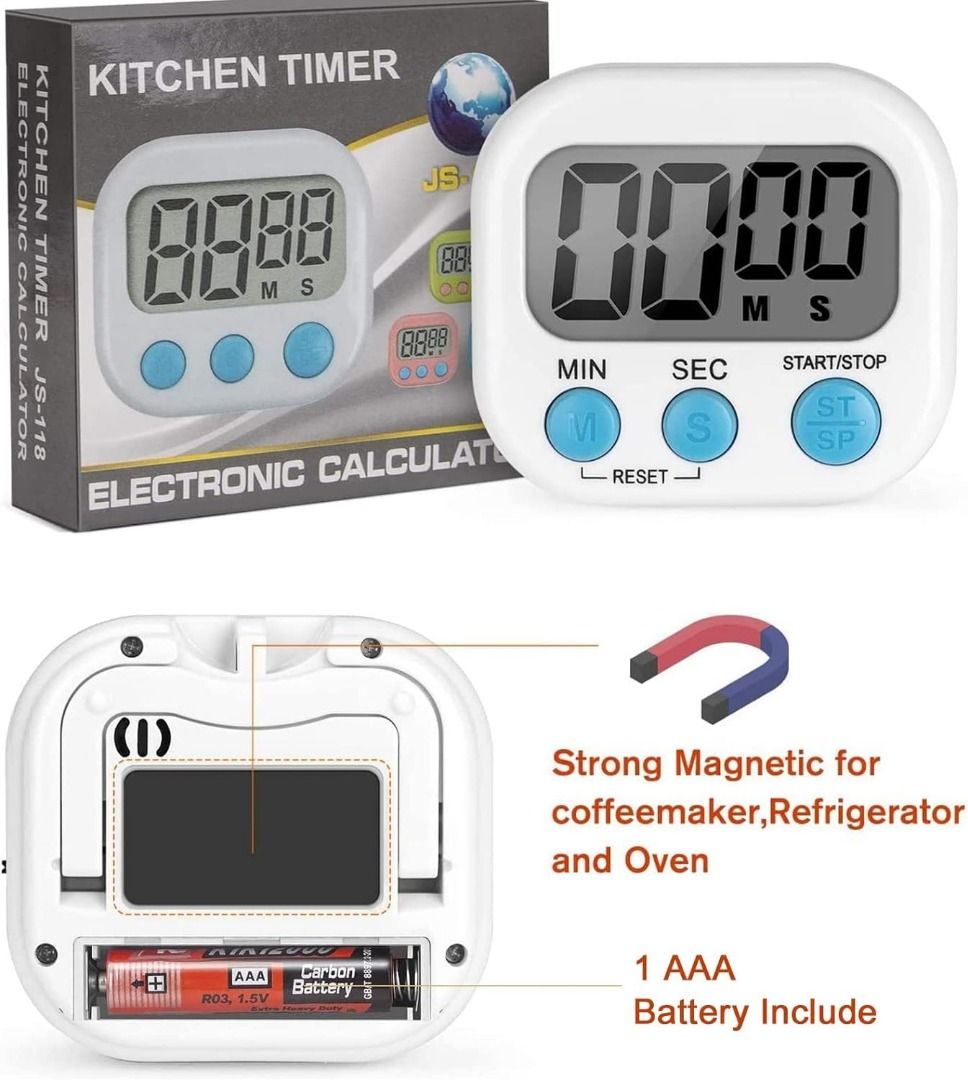  2 Pack Digital Kitchen Timer for Cooking Big Digits Loud Alarm  Magnetic Backing Stand Cooking Timers for Baking White : Home & Kitchen