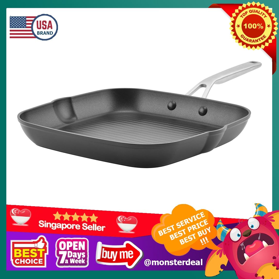 KitchenAid Hard Anodized Induction Nonstick Square Grill Pan/Griddle with  Pouring Spouts, 11.25 Inch, Matte Black