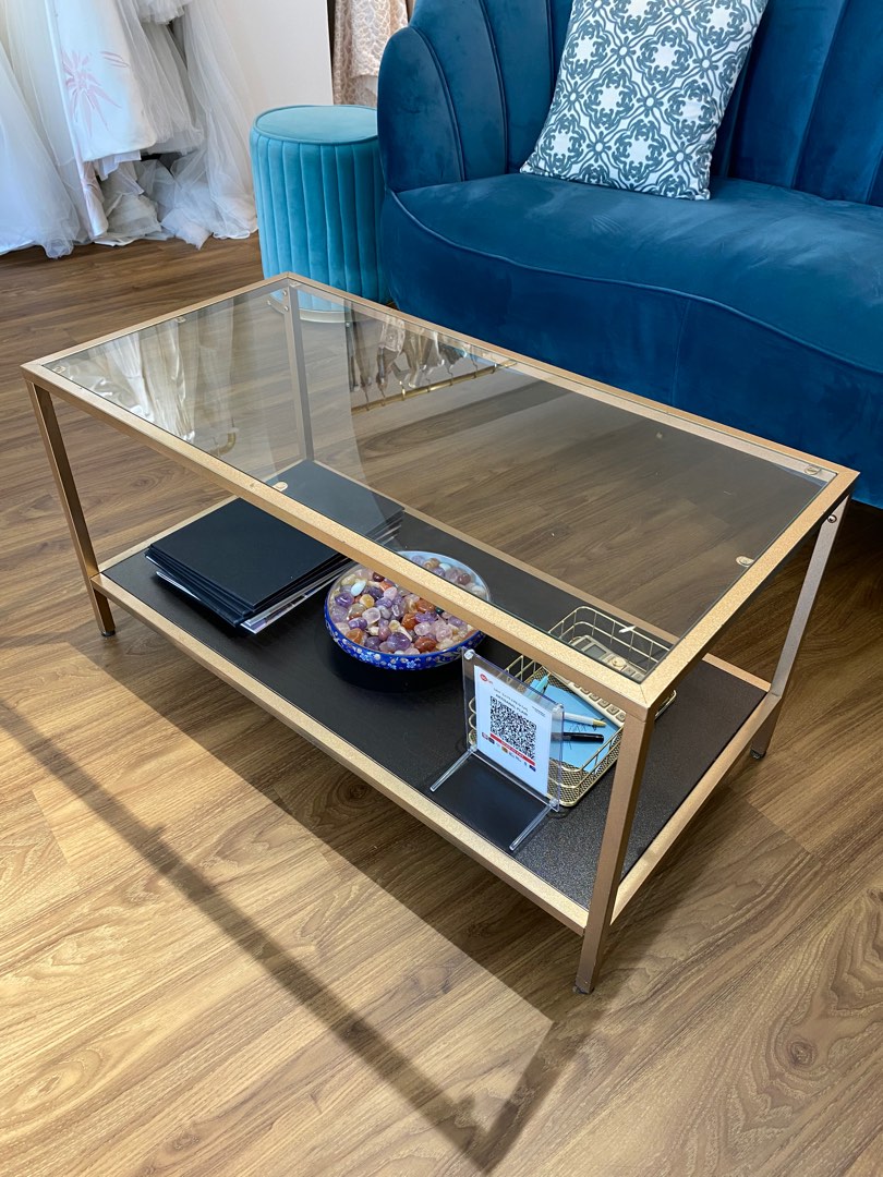 Long glass coffee table with gold frame, Furniture & Home Living