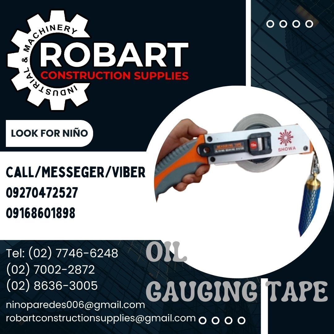 OIL GAUGING TAPE (Category: Construction Tools & Equipment) located in Manila. Submitted by ninoparede24925 (Listing ID 1260565524, Image 1). Description: OIL GAUGING TAPE 15meters brand:LION - - FOR INQUIRES: 𝓟𝓵𝓮𝓪𝓼𝓮 𝓬𝓪𝓵𝓵 :09270472527 09168601898 Look for:Niño Paredes Tel: (02) 7746-6248 (02) 7002-2872 (02) 8636-3005 ninoparedes006@gmail.com robartconstructionsupplies@gmai.com 𝑴𝒂𝒏𝒊𝒍𝒂 𝑶𝒇𝒇𝒊𝒄𝒆: 1405 𝒀𝒖𝒔𝒆𝒄𝒐 𝒔𝒕 𝑺𝒕𝒂 𝑪�
