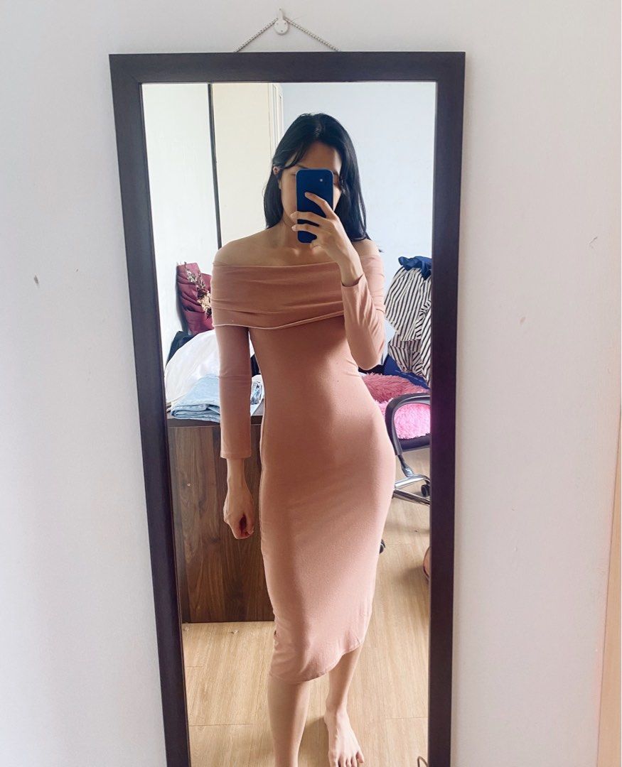 Peach Off Shoulder Bodycon Tight Dress Women s Fashion Dresses