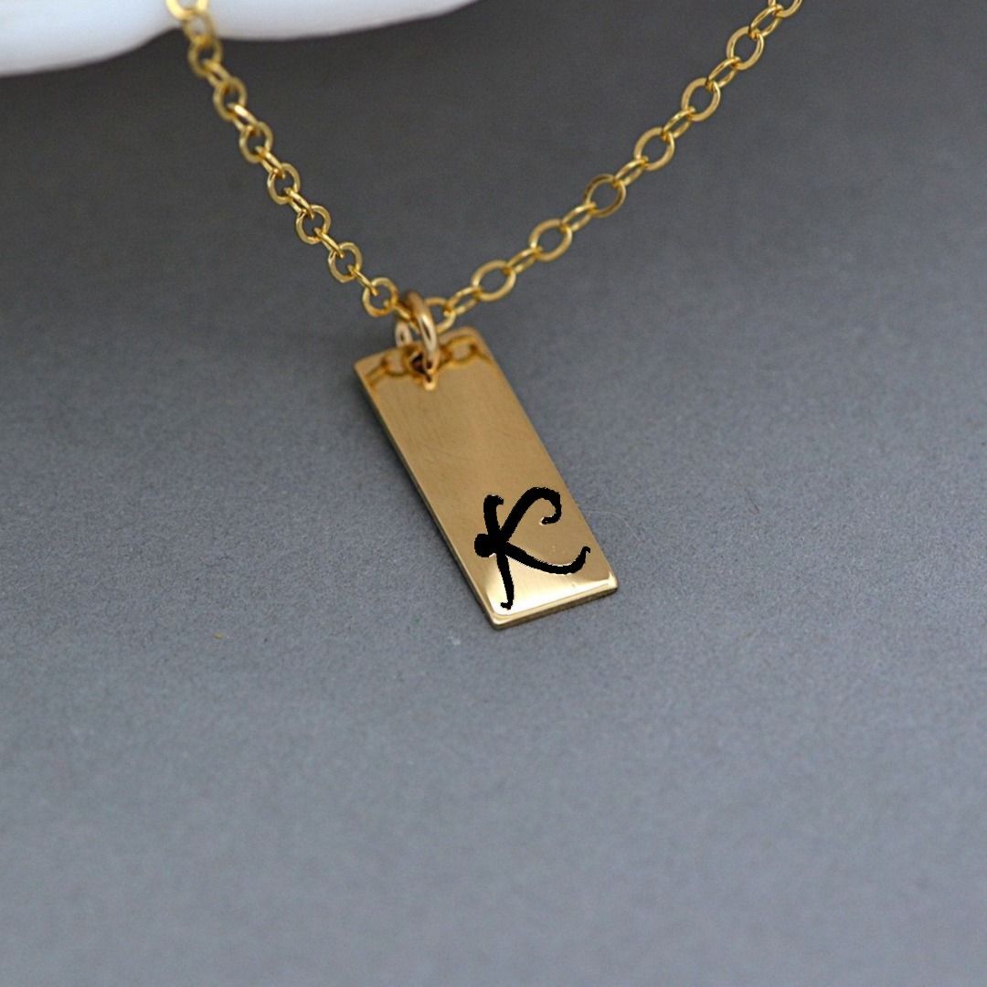 Personalized Slim Rectangle Metallic Necklace in Gold Rose Gold