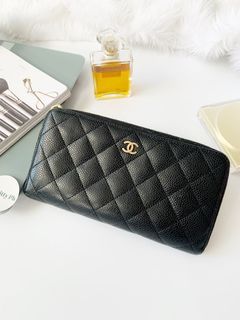 Preowned authentic Chanel Caviar black Quilted classic Long Zip Around Wallet