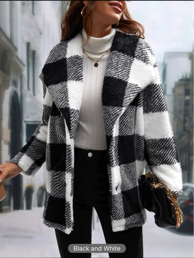 Black and white plaid coats sale