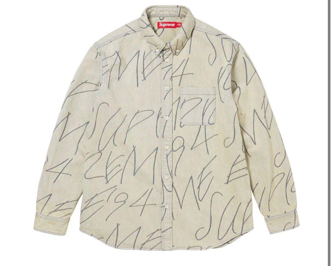 Supreme handwriting jacquard denim shirt, 名牌, 服裝- Carousell