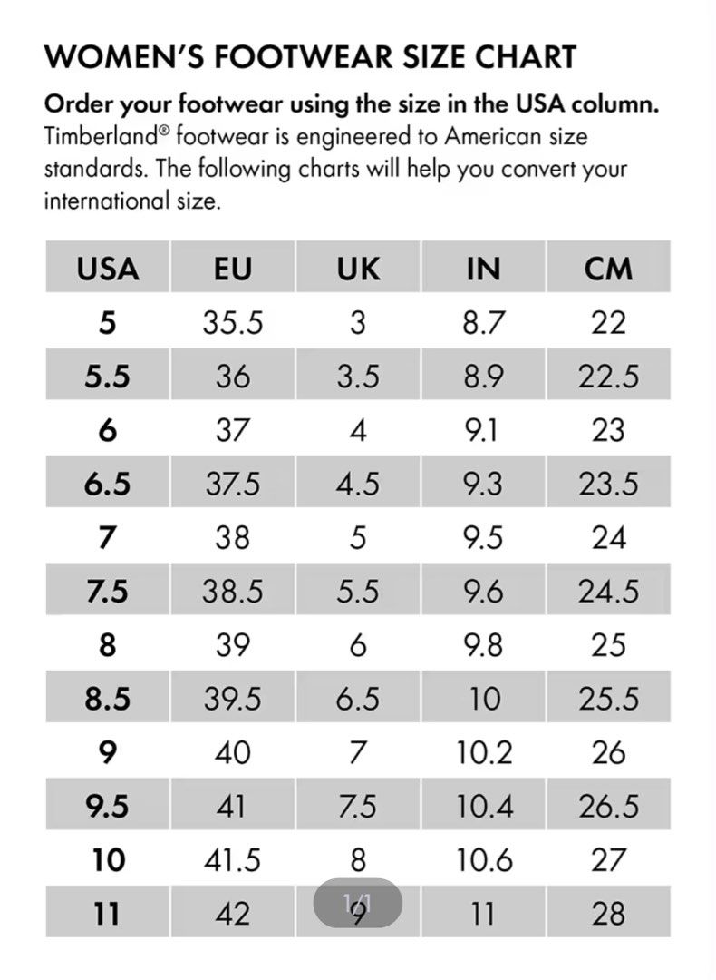 Timberland women's size chart store