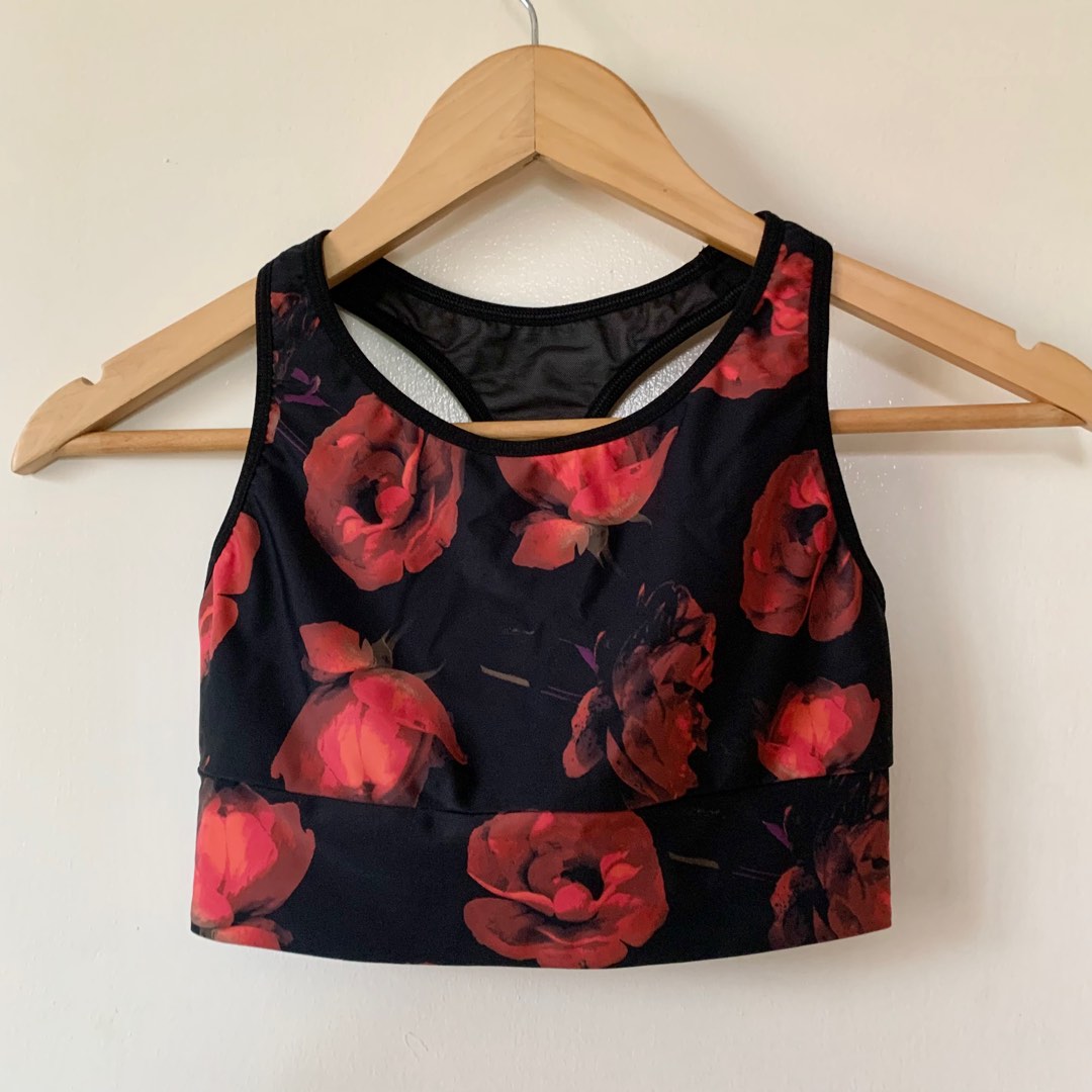 Black and Red Floral Print Crop Top