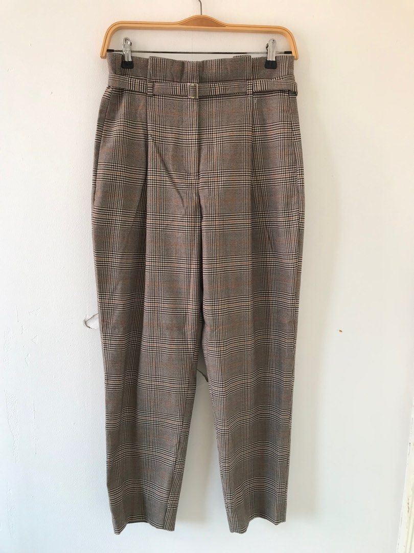 ZARA Basic Tartan Brown Pants High Waist With belt