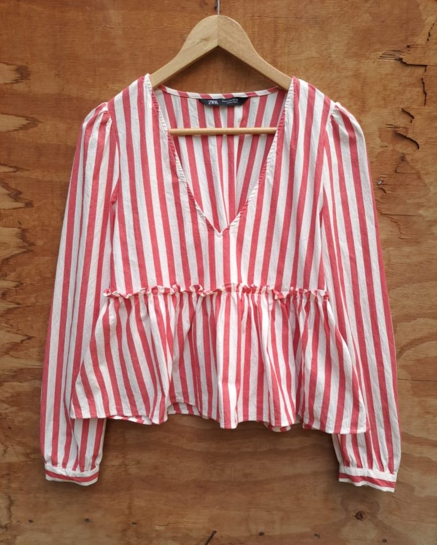 Zara Red White Stripe Peplum Top Blouse