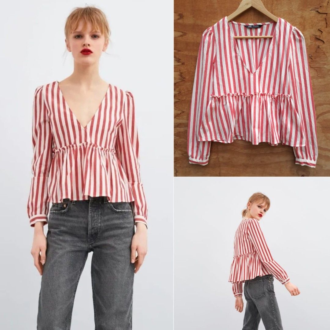 Red and white striped peplum top top