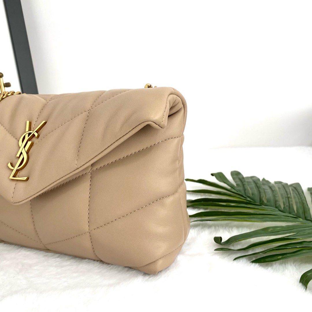 Authentic YSL Nude Color Mini Puffy Loulou Quilted Shoulder Bag in GHW