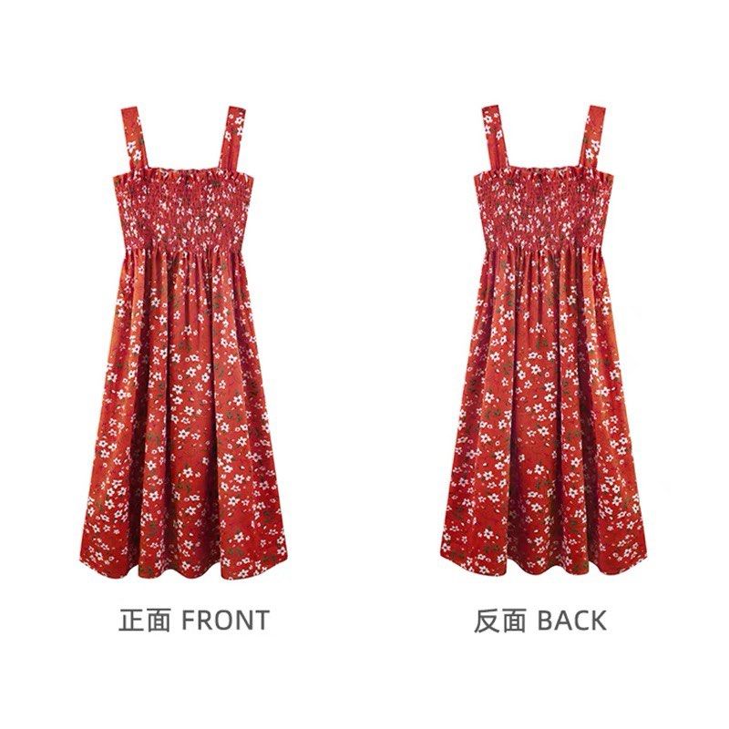 Red Floral Dress Highly Stretchable Picnic Midi Length Flowy