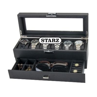 STARZ 2 Tier 6 Slots Black PU Carbon Fiber Jewelry