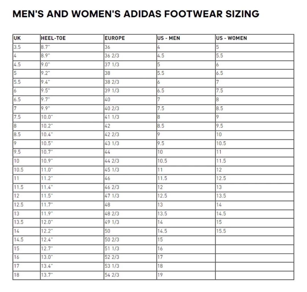 Adidas us shop size chart 90