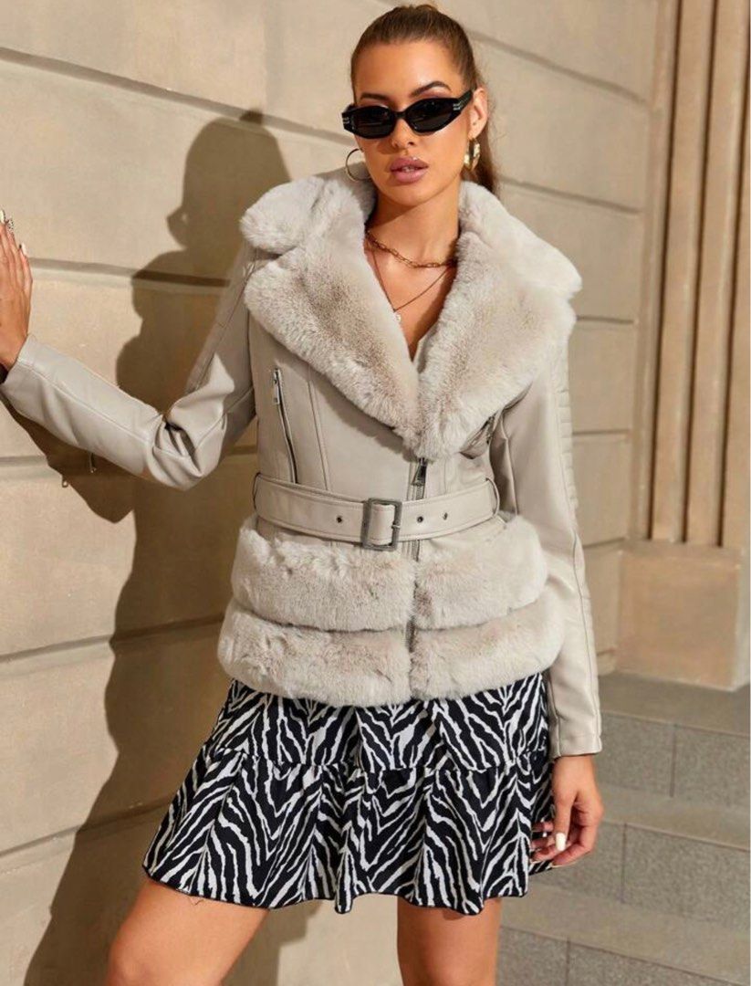 Autumn Winter Lapel Collar Dual Pocket Teddy Lined PU Leather
