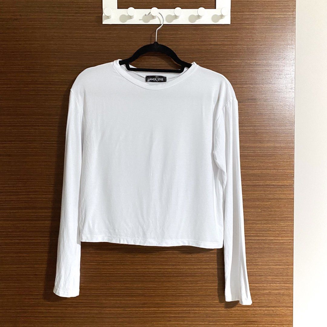 Plain white long sleeve crop top sales