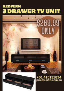 BEAUTIFUL BLACK 3 DRAWERS TV UNIT FOR SALE for $269.99 only