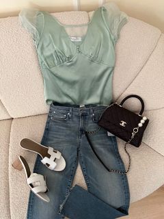CHRISTIAN DIOR Silk Top in Mint Green x Cult Fave Edwin Denim Jeans for Size 26/27 US 6 Authentic