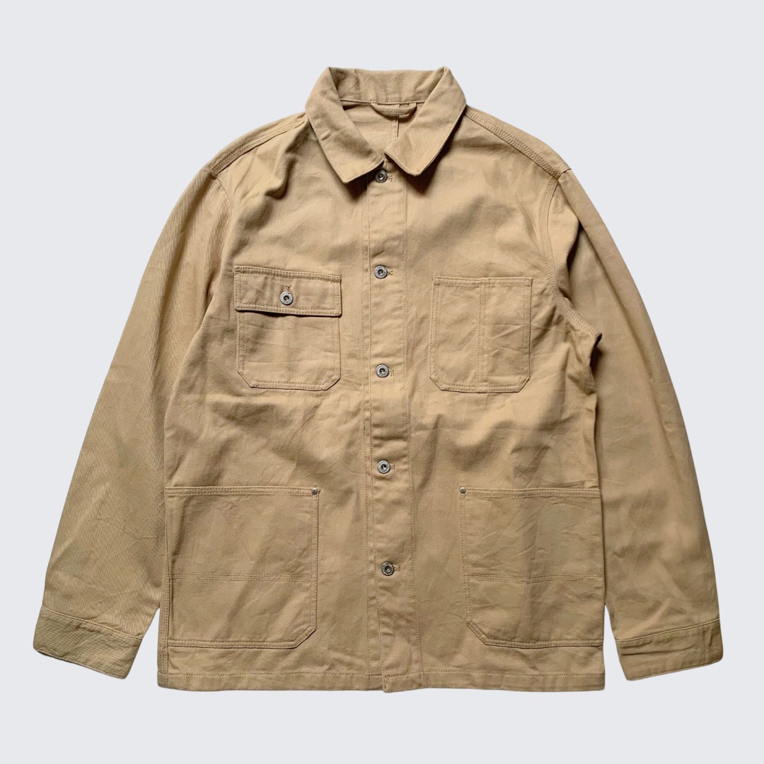 Cool Light Brown Cream Heavy Weight Canvas Chore Jacket Unisex XL, Fesyen Pria, Pakaian