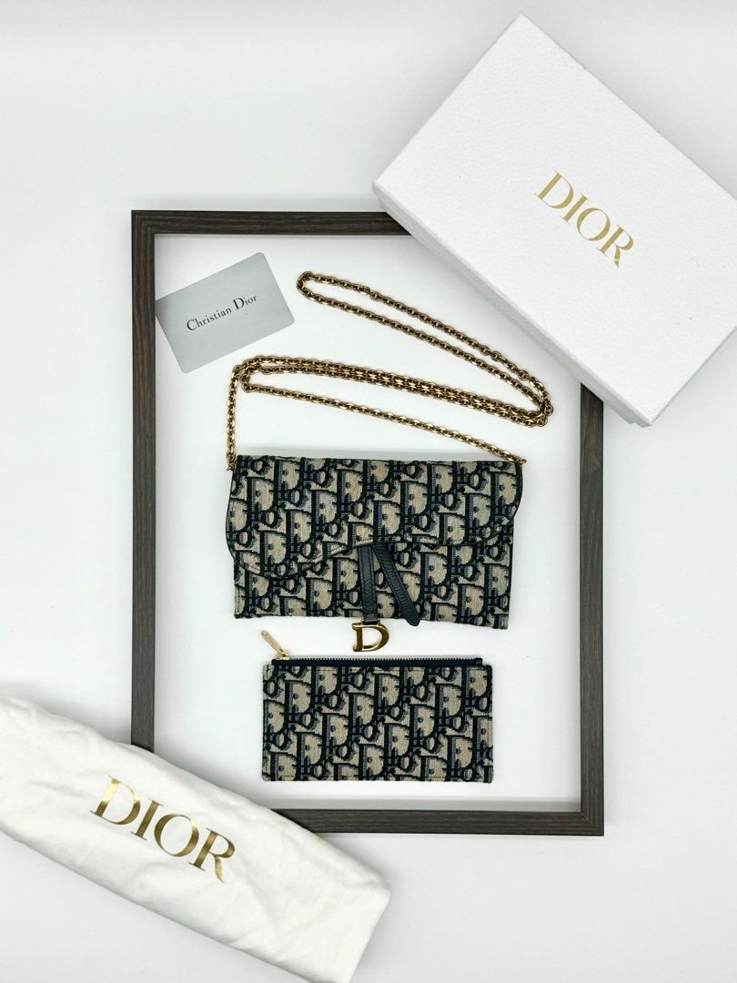 Christian Dior Saddle Wallet on Chain in Blue Dior Oblique Jacquard