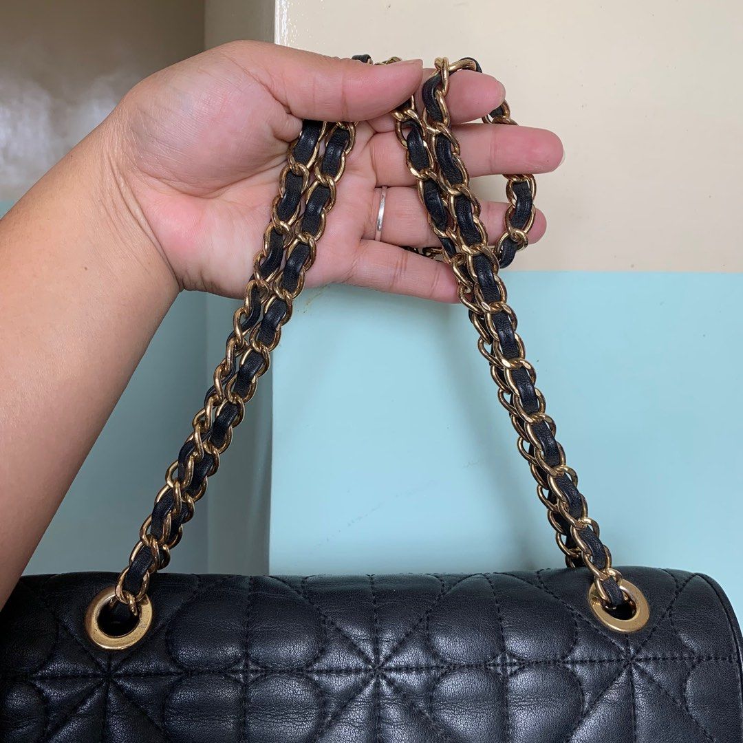 DISSONA Black Upper Leather Tote Bag Shoulder Purse Chain Straps
