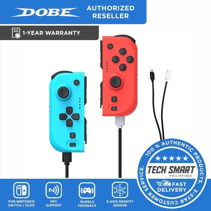 DOBE TNS-0163 Wireless Joycon Controller with NFC Function for Nintendo Switch / OLED (Category: Controllers) located in Las Pinas. Submitted by techsmartph (Listing ID 1260659835, Image 1). Description: * The design has a Turbo setting function, can change the Turbo rate, has a screenshot button, and a six-axis gravity sensor function. * With dual vibrator vibration function. * Support NFC sensing. * Support host wake-up function and code key co