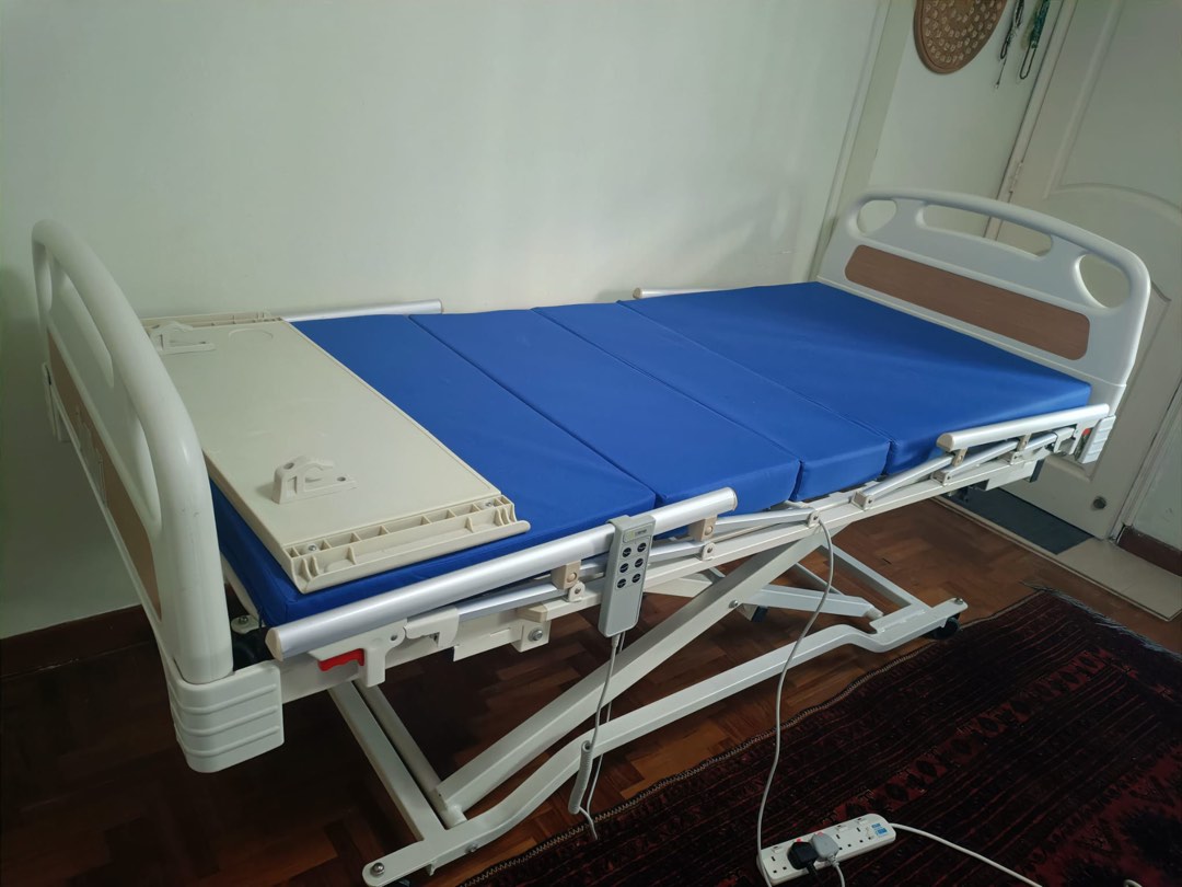 Electric Hospital Bed with side rails and overbed tray, Health