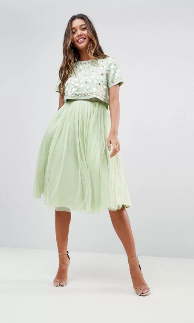 Embellished Crop Top Tulle Midi Dress