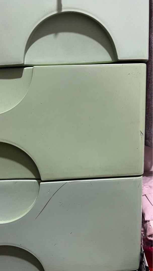 Megabox Drawer 5 layers (Category: Shelves, Cabinets & Racks) located in Manila. Submitted by toraivy (Listing ID 1260746925, Image 3). Description: • Color: Light Green • Dimension: L 55cm x W 39.5cm x H 106cm • Signs of usage (Please refer to the photos for visible flaws • Complete keys included • Actual photos posted • RFS: Moving out 🙅🏻‍♀️No trade/swaps 💵 PAYMENT • BDO / GCash ONLY **Please bear in mind that photo may slightly differ from 