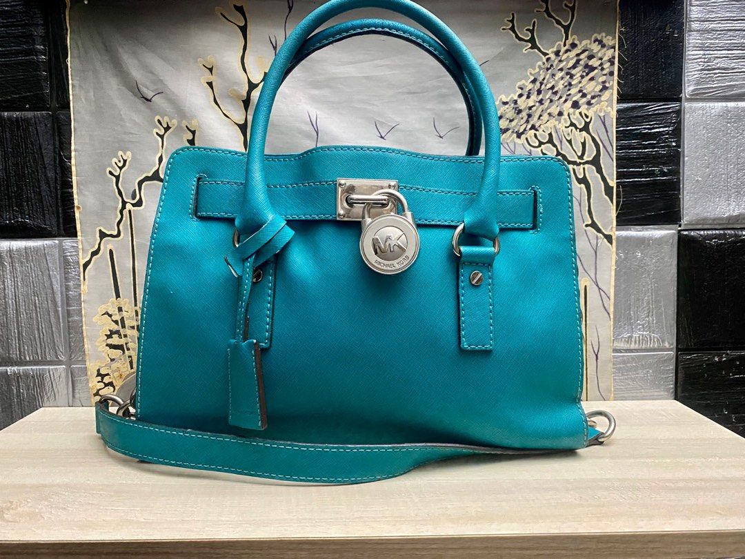 SALE Michael Kors Hamilton Satchel Teal Aqua Silver Women s