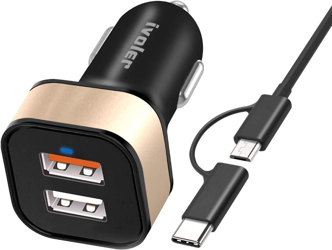 Mini Quick Charge 3.0 Car Charger with Dual USB Ports and 2-in-1