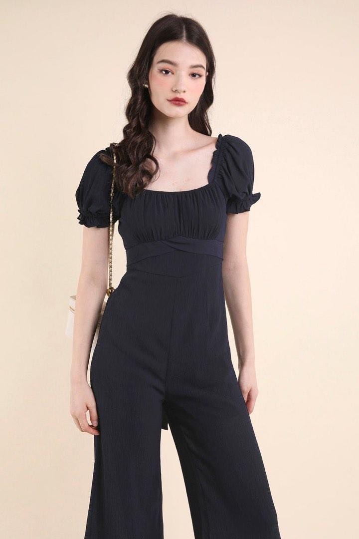 Neonmello Marina Puff Sleeve Jumpsuit Navy M Women s Fashion