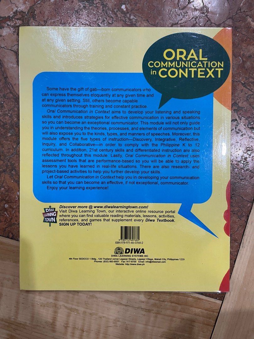 Oral Communication in Context | DIWA | SHS (Category: Textbooks) located in Paranaque City. Submitted by declutterwtgela (Listing ID 1260777105, Image 2). Description: Item: Oral Communication in Context | DIWA | SHS Description: With plastic cover. Soft bound. For Senior High students. Oral Communication/English Subject. Condition: 9.5/10 - Small dents but barely noticeable. No highlights & writings. No folds. RFS: Done with this subject. Need m