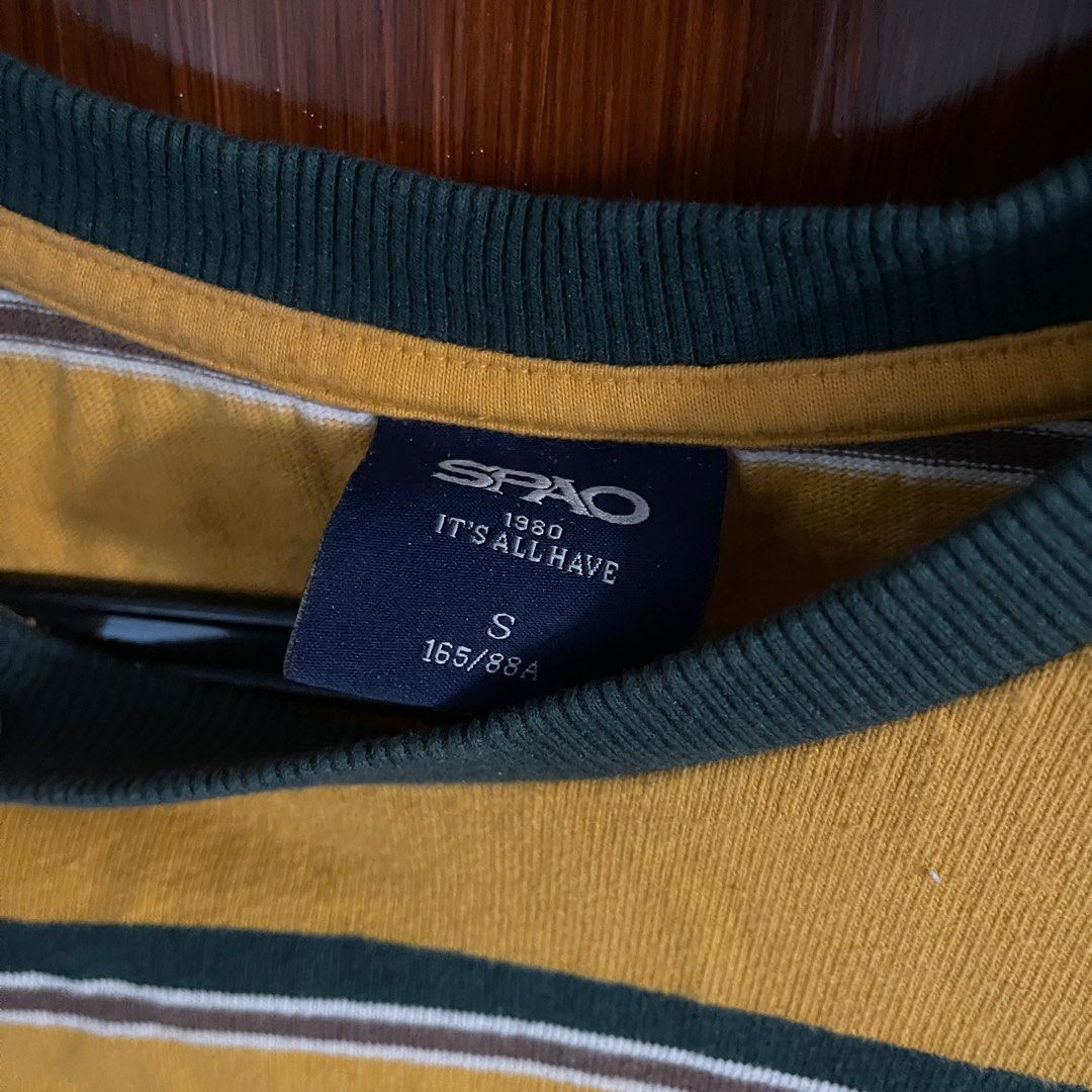 Oversized Spao striped long sleeves (Category: Tshirts & Polo Shirts ) located in Cainta. Submitted by andreaaadom (Listing ID 1260651418, Image 3). Description: Spao stripes long sleeves Color: Mustard yellow Size: Oversized small can fit medium Used twice only Bought in Korea In great condition.