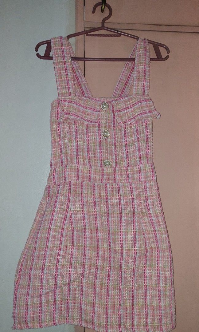Pink Tweed Dress (Category: Dresses) located in Paranaque City. Submitted by mclock94 (Listing ID 1260781343, Image 2). Description: worn once for an event very pretty in when worn size is small to medium my bust size is 34b for reference smock/garterize at the back.