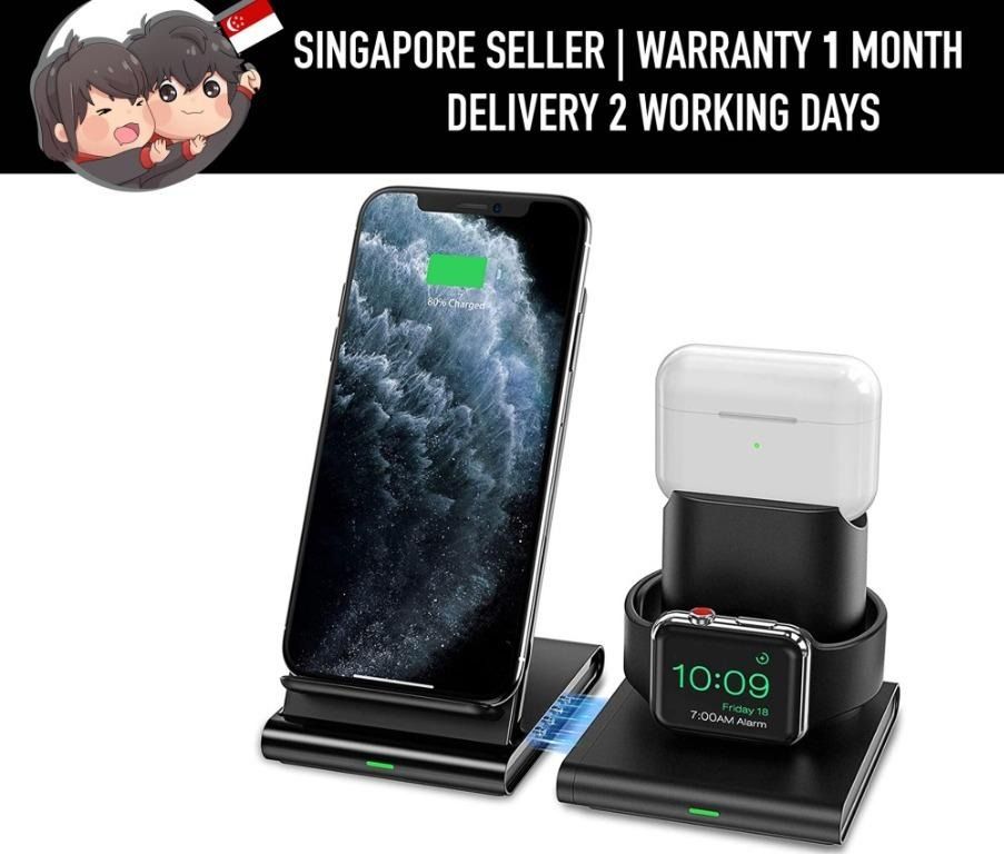 Seneo WaveDtand 191 PA191B 3 in 1 inductive Charging Station Stand compatible with iWatch 5 4 3 2 1 and iPhone 11 Pro Max XS XR X 8 Airpods 2 1 Galaxy S10 S9
