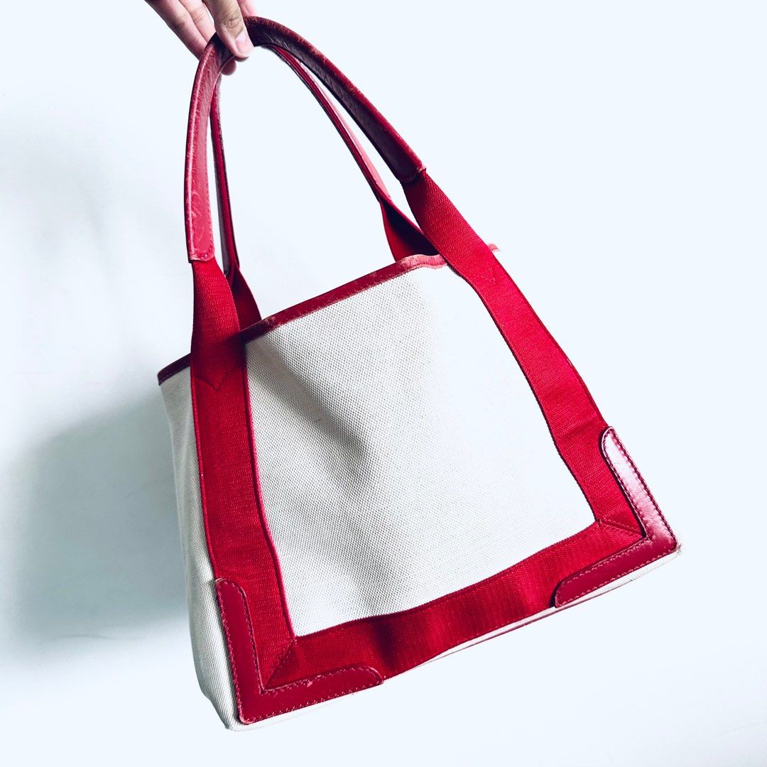 STEAL Balenciaga Logo Cabas Red White Small S Structured Shoulder Tote Bag With Pouch Authentic