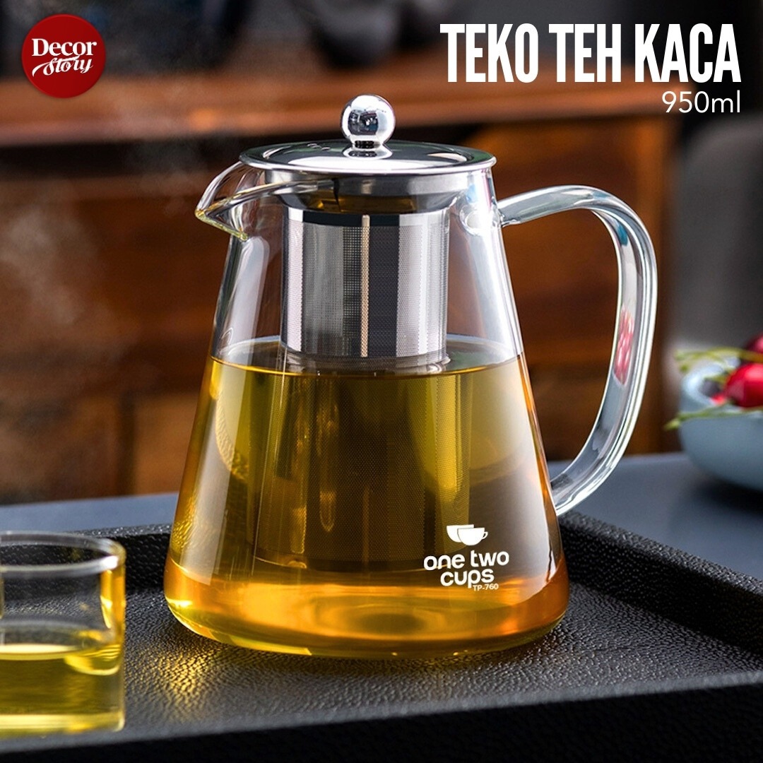 Teko Teh Kaca Transparan Tahan Panas Dengan Saringan Teh Stainless