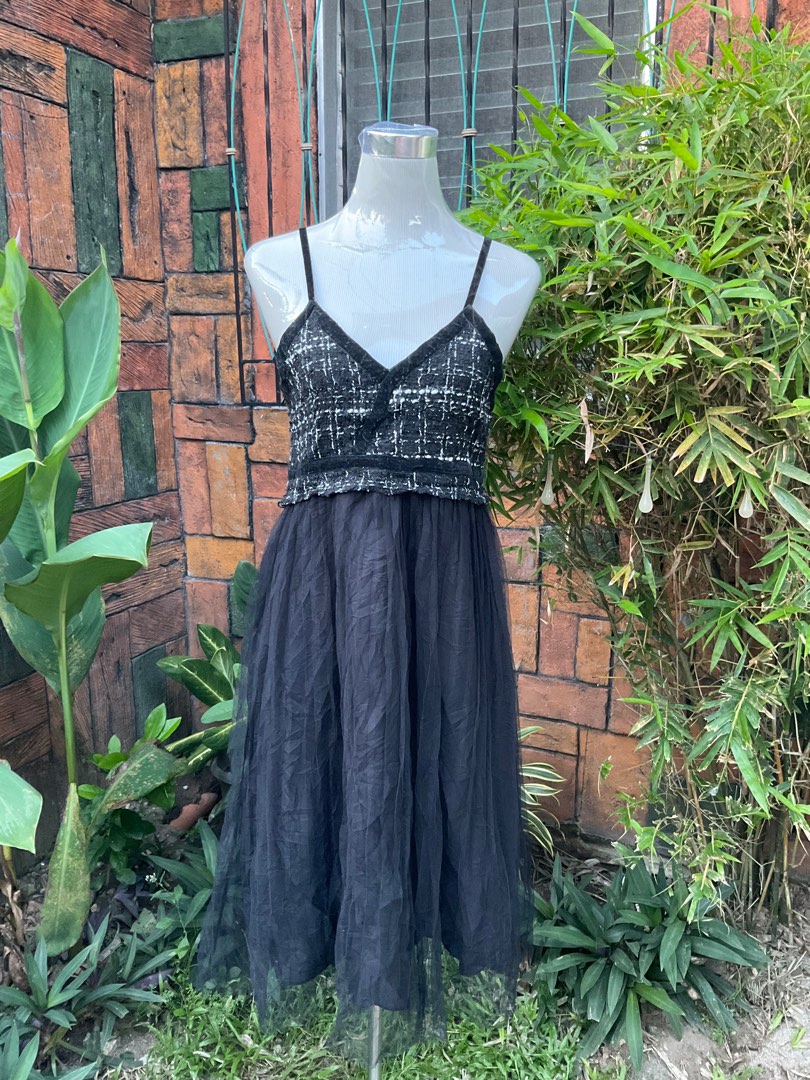 Tweed Black Lace Tulle Dress Tweed and Lace Midi Drwss Dress Fits US
