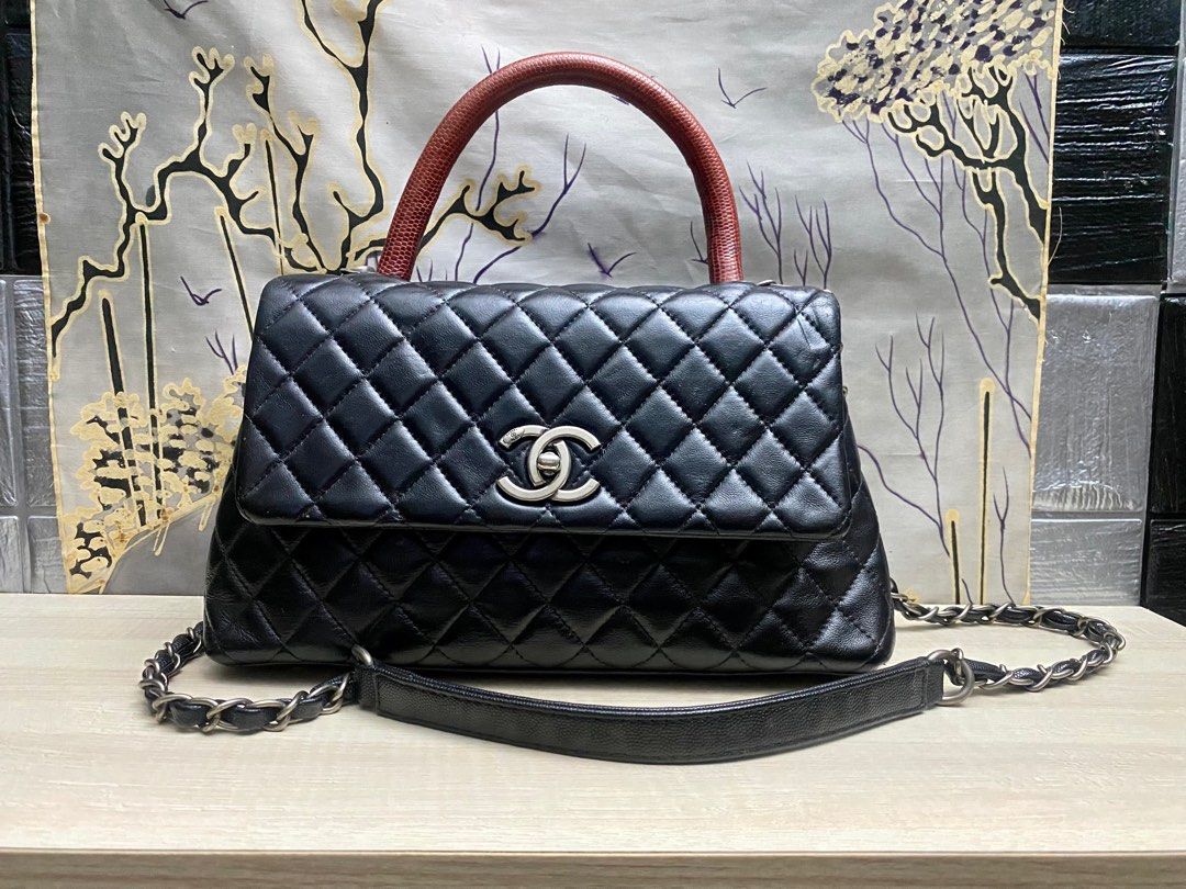 Chanel Coco Handle Bag Quilted Grained Caviar Ruthenium Mini Black